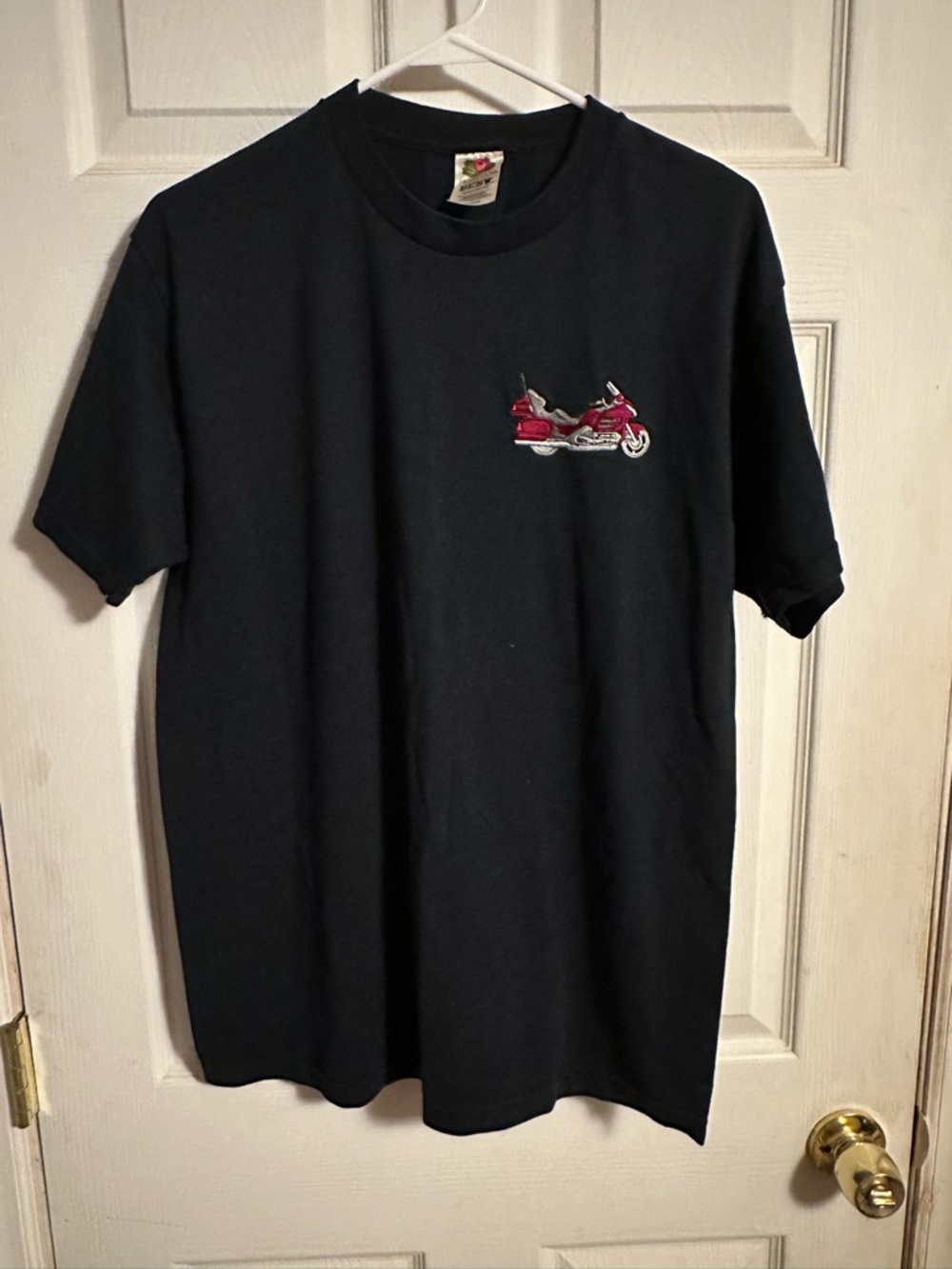 Fruit of the Loom Black Tee with Red Motorcycle Chest Graphic